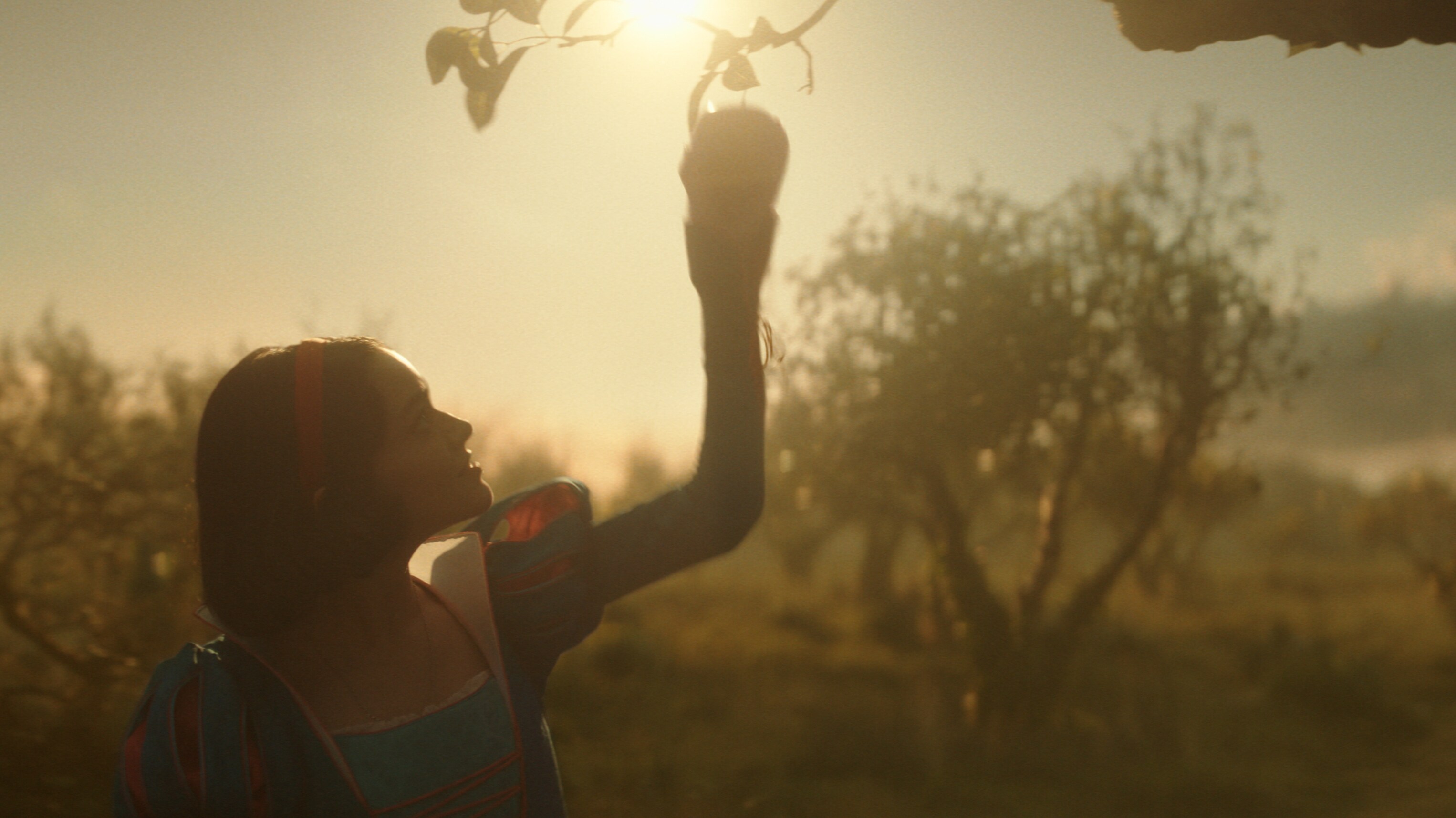 Rachel Zegler as Snow White reaches toward an apple in warm evening light.