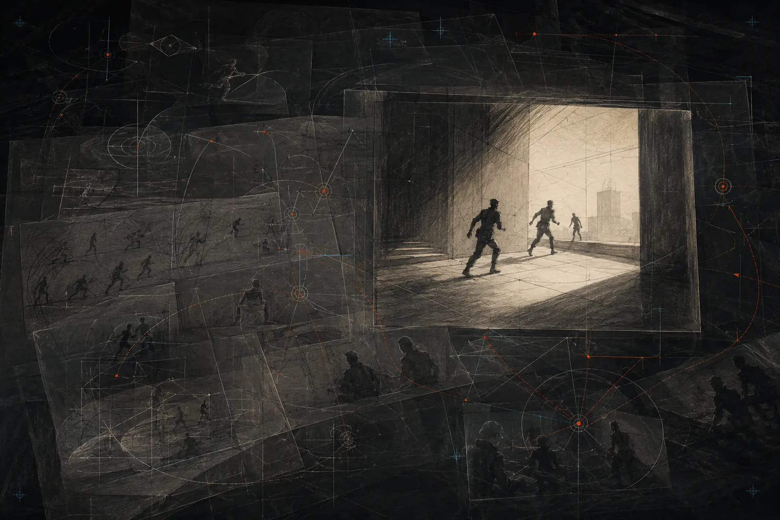 A finished action frame emerges from layered charcoal planning sheets marked with abstract movement paths, camera lines and safety zones.