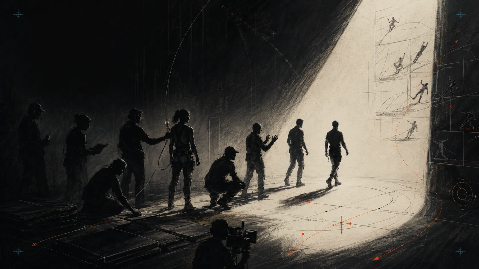An anonymous stunt team moves from a dark planning space into a bright performance area while rehearsal paths, camera geometry and movement sketches surround them.