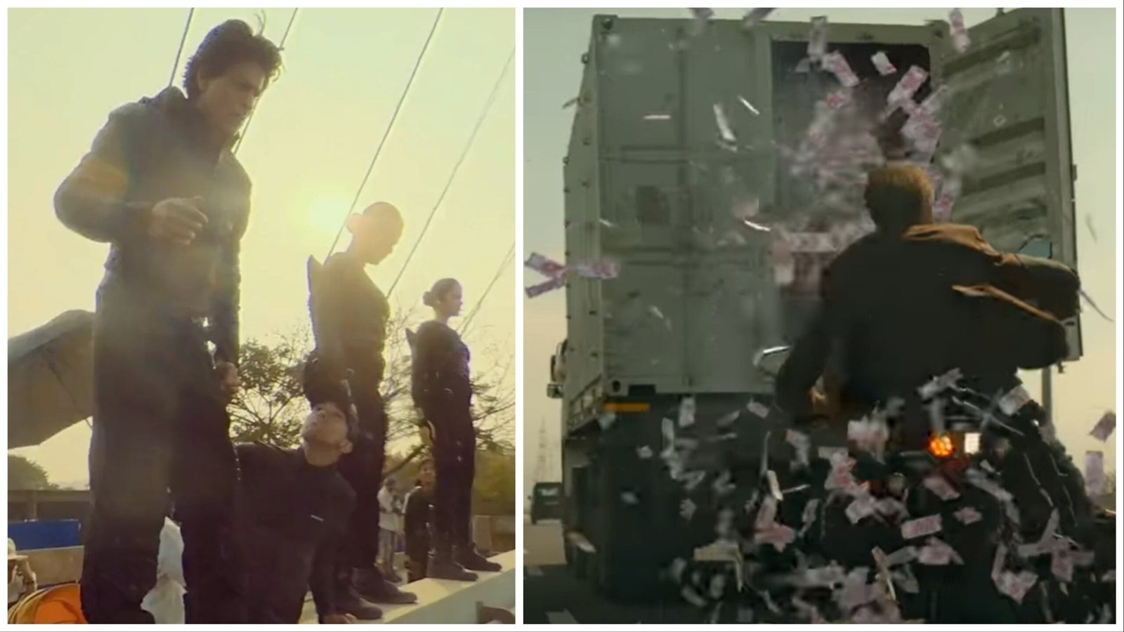A split image pairs a Jawan behind-the-scenes view of Shah Rukh Khan and crew with a trailer frame of a motorcycle chasing an armoured truck through flying banknotes.