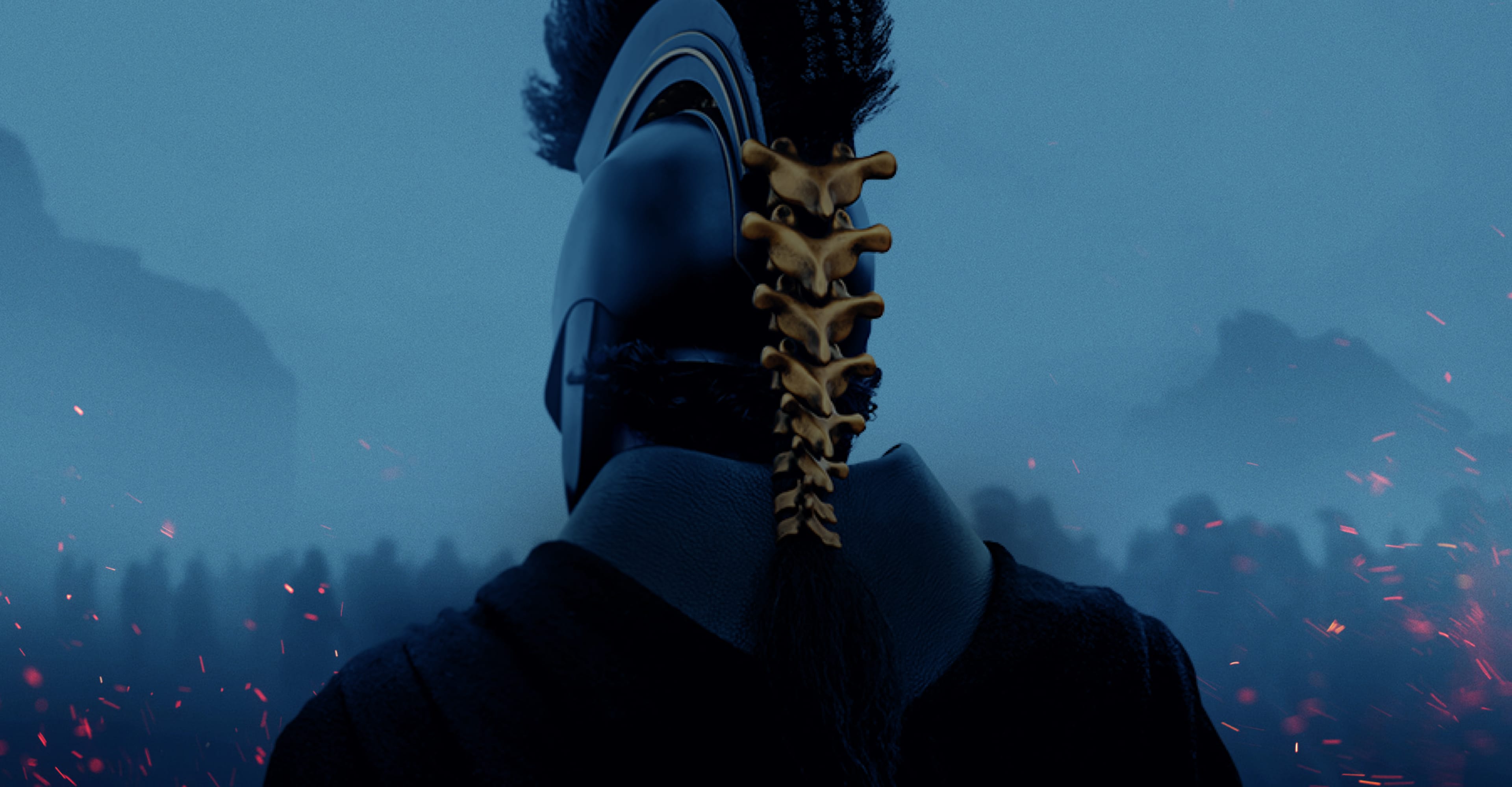 Seen from behind, a Greek warrior wears a dark helmet decorated with a row of gold vertebrae as red sparks drift across a storm-blue sky in official key art for The Odyssey.