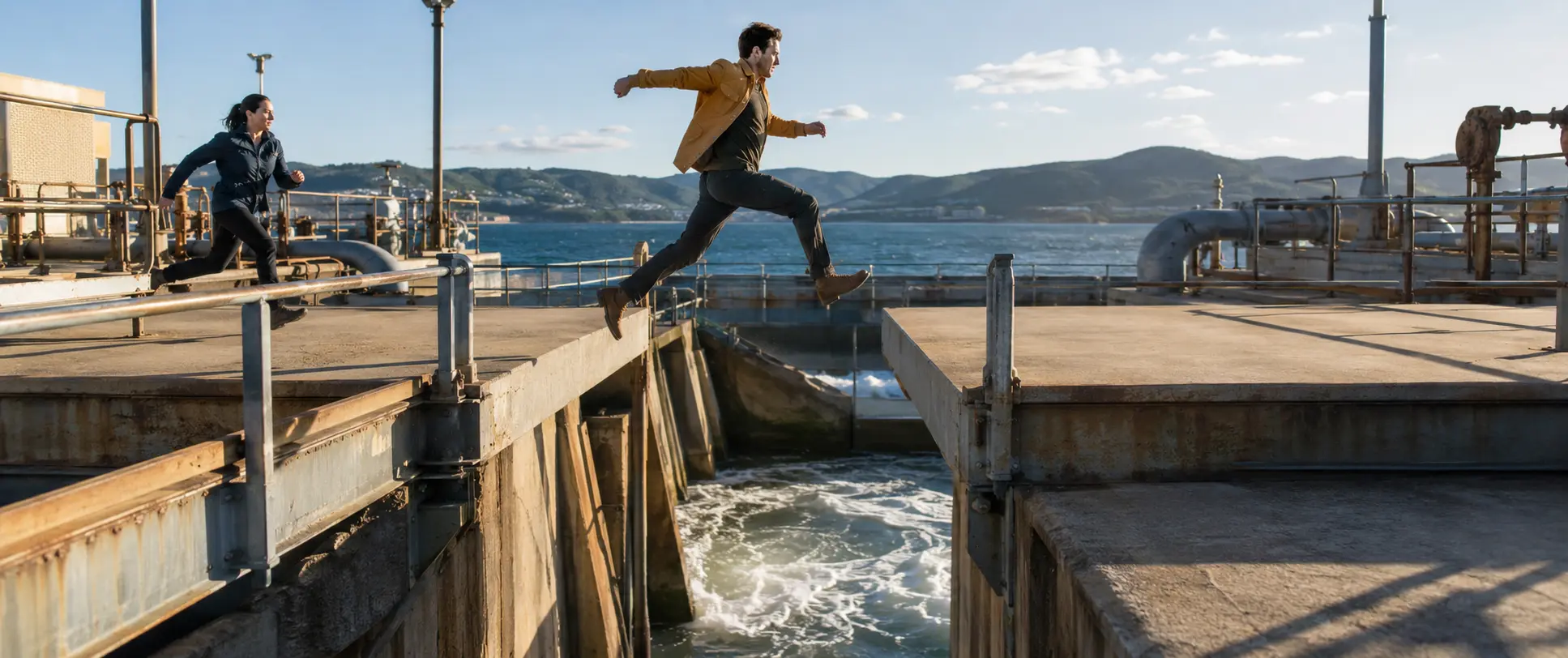 Fully AI-generated fictional action frame of two people in a chase, with one jumping between maintenance decks above a coastal floodgate.