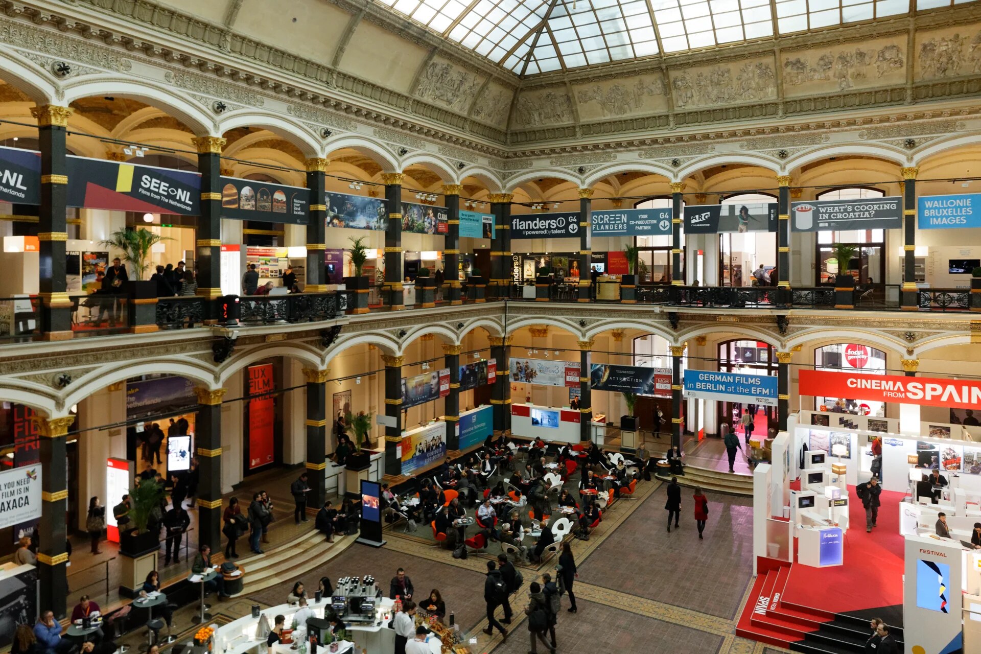 Buyers, sellers and national cinema stands fill the European Film Market at the Berlinale in 2017.