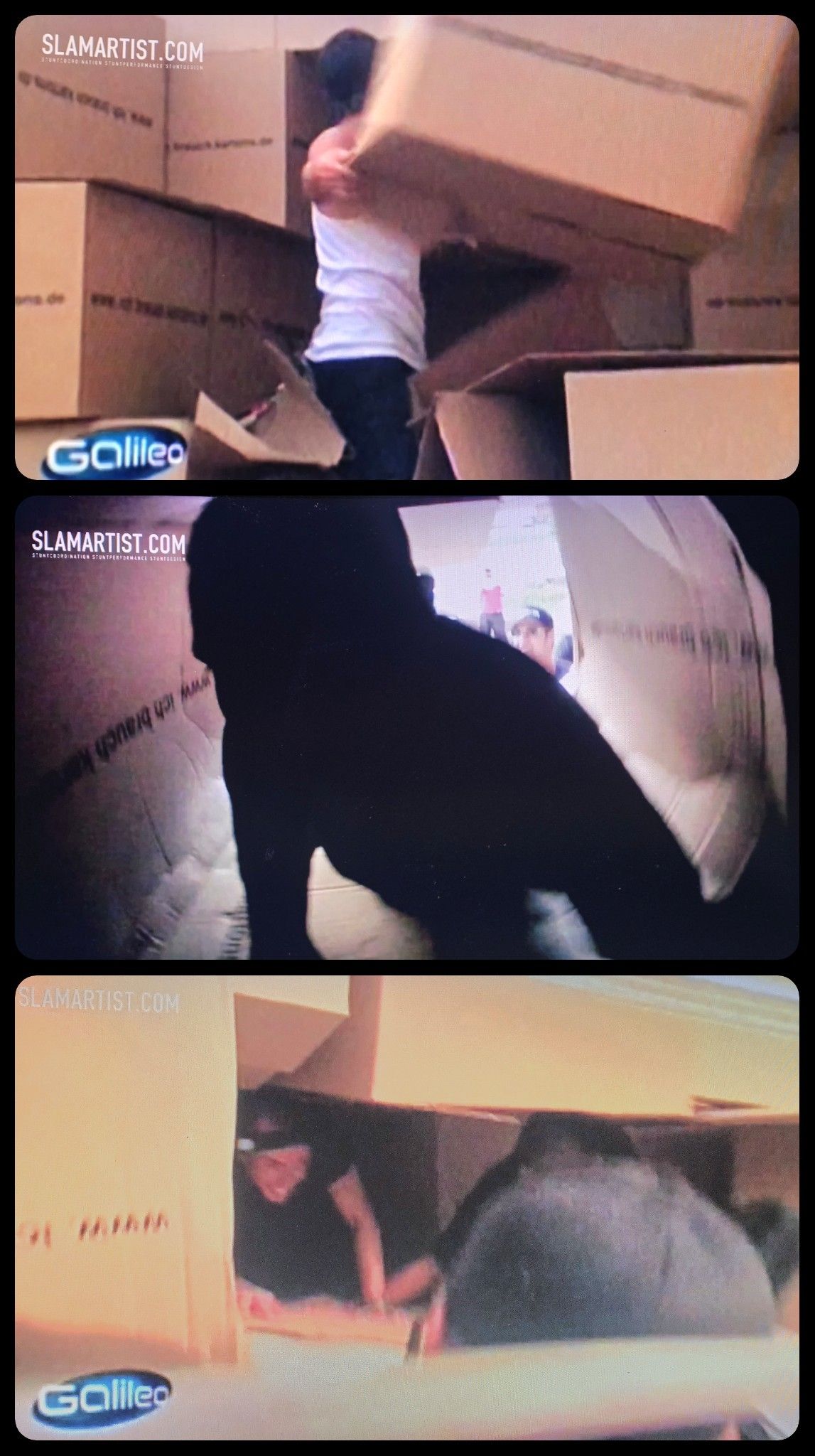 Triple split screen showing the team moving boxes to reach Ferdi Fischer after the jump.