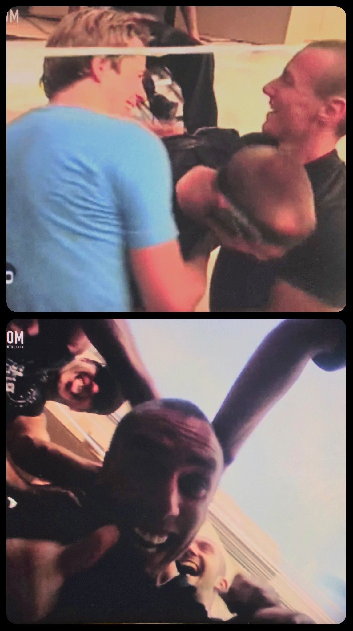 Two camera angles show the team helping Ferdi Fischer out of the cardboard landing stack.