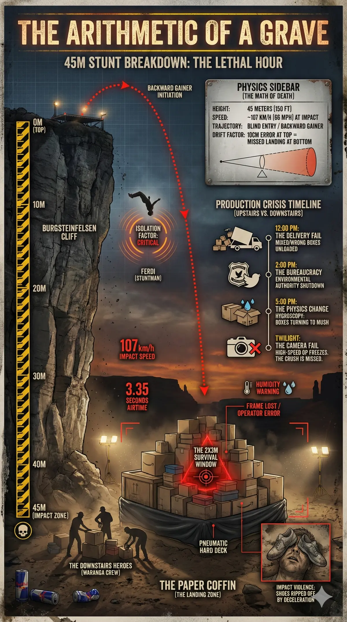 Illustrated infographic about the 45-metre jump, height, fall speed and cardboard landing stack; not an instruction or safety plan.