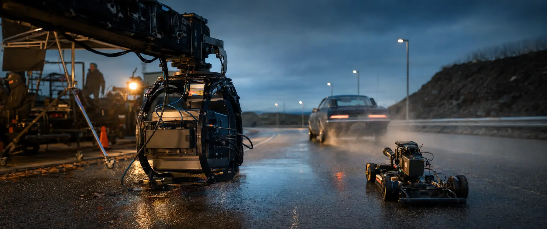 A conceptual action-film set on a wet road contrasts a large camera package on a reinforced remote head with a compact digital camera mounted close to the asphalt.