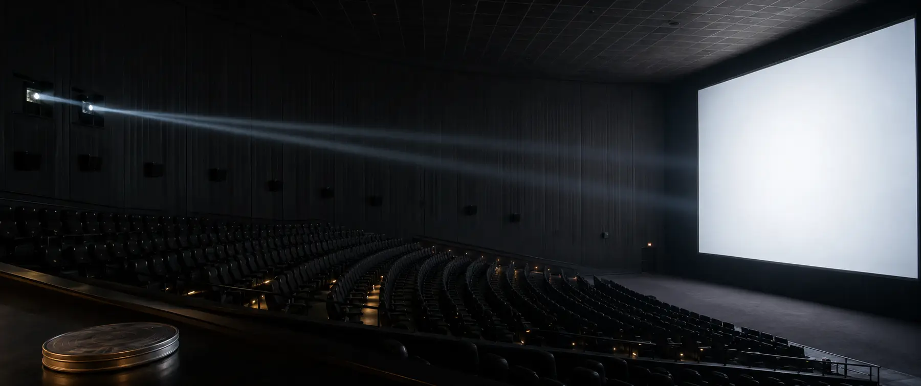 A conceptual side view of an empty giant-screen auditorium with two projection beams travelling from a rear booth toward a tall blank screen.