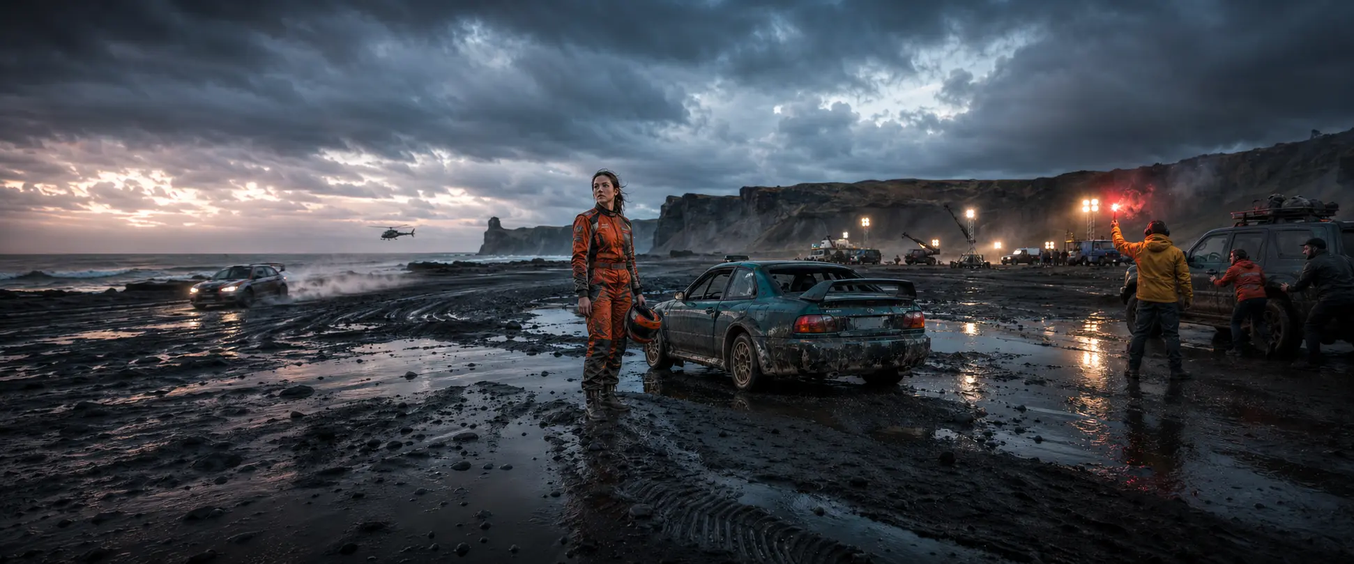 A photorealistic fictional rally-film set on a black-sand coast: an approaching car enters from the left, a stunt driver and teal rally car occupy the centre, and a coordinator raises a red signal flare beside reacting crew on the right.