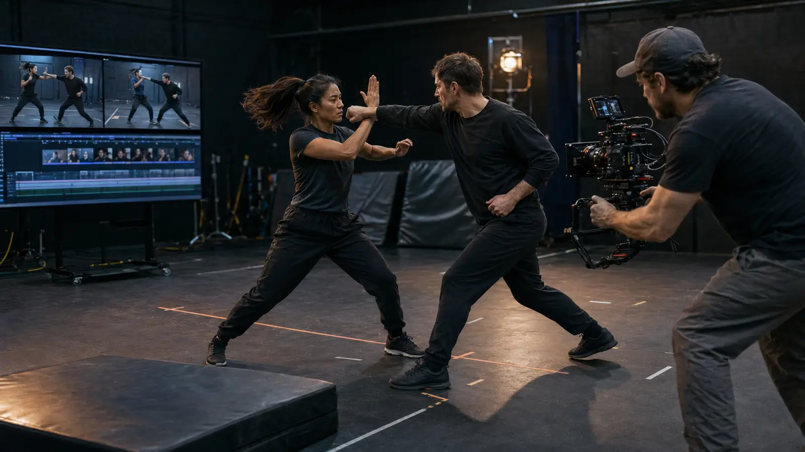 A fictional stunt team rehearses a fight beside a camera operator while a monitor shows the same action as an edited sequence.