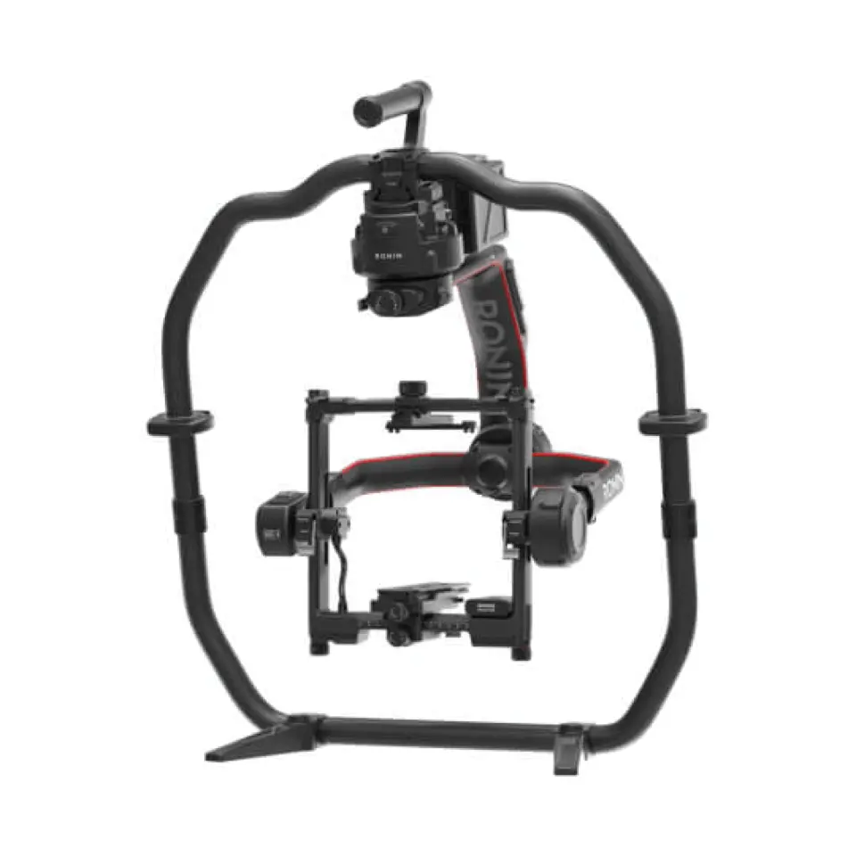 Official front product view of a DJI Ronin 2 three-axis cinema-camera gimbal with its surrounding ring handle.