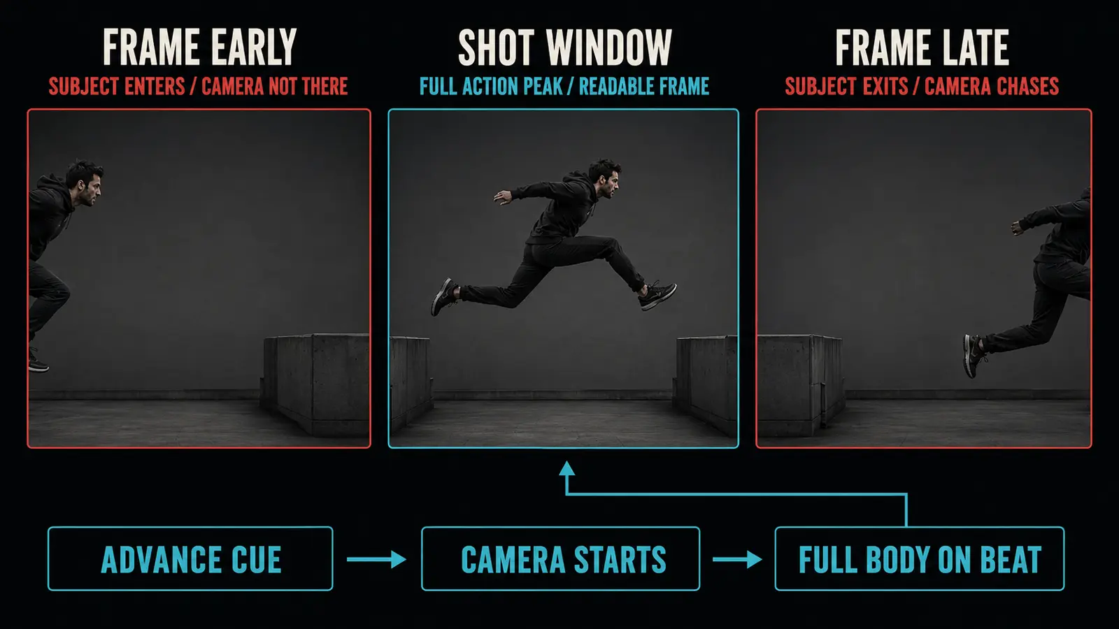Three matched frames show the same fast performer cut off by the left edge when the camera is early, fully visible at the action peak inside the shot window, and cut off by the right edge when the camera is late.