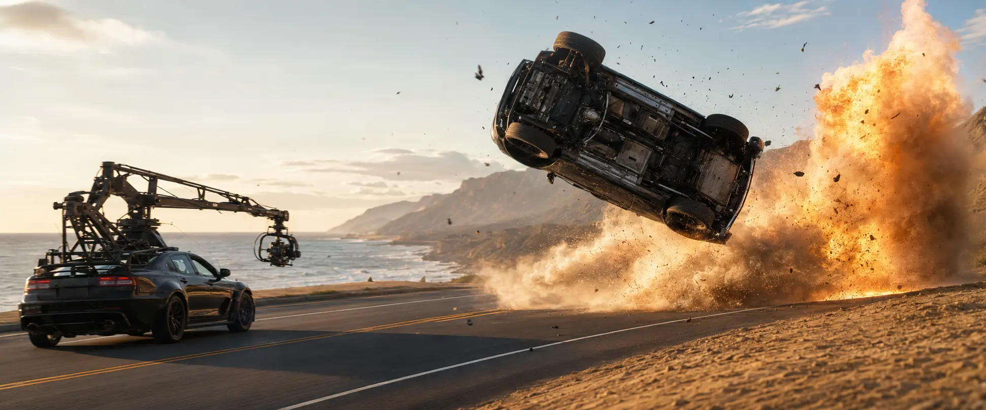 AI-generated editorial illustration of a stunt car rolling through an explosion while a camera car tracks it on a coastal highway.
