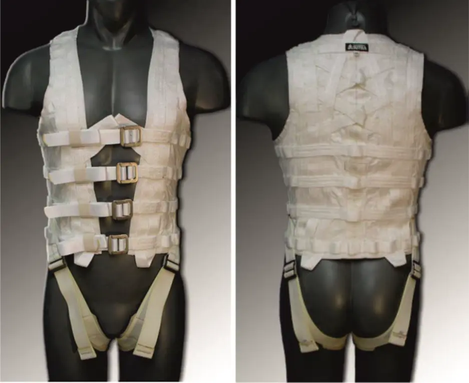 Front and back views of the white stunt vest worn by Joe Watts during the 2019 Fast and Furious 9 incident.