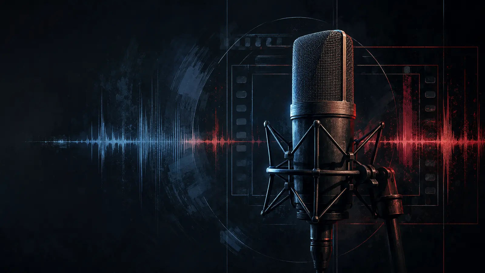 Abstract editorial illustration of an unbranded studio microphone, an audio waveform and film-frame geometry on a dark background.